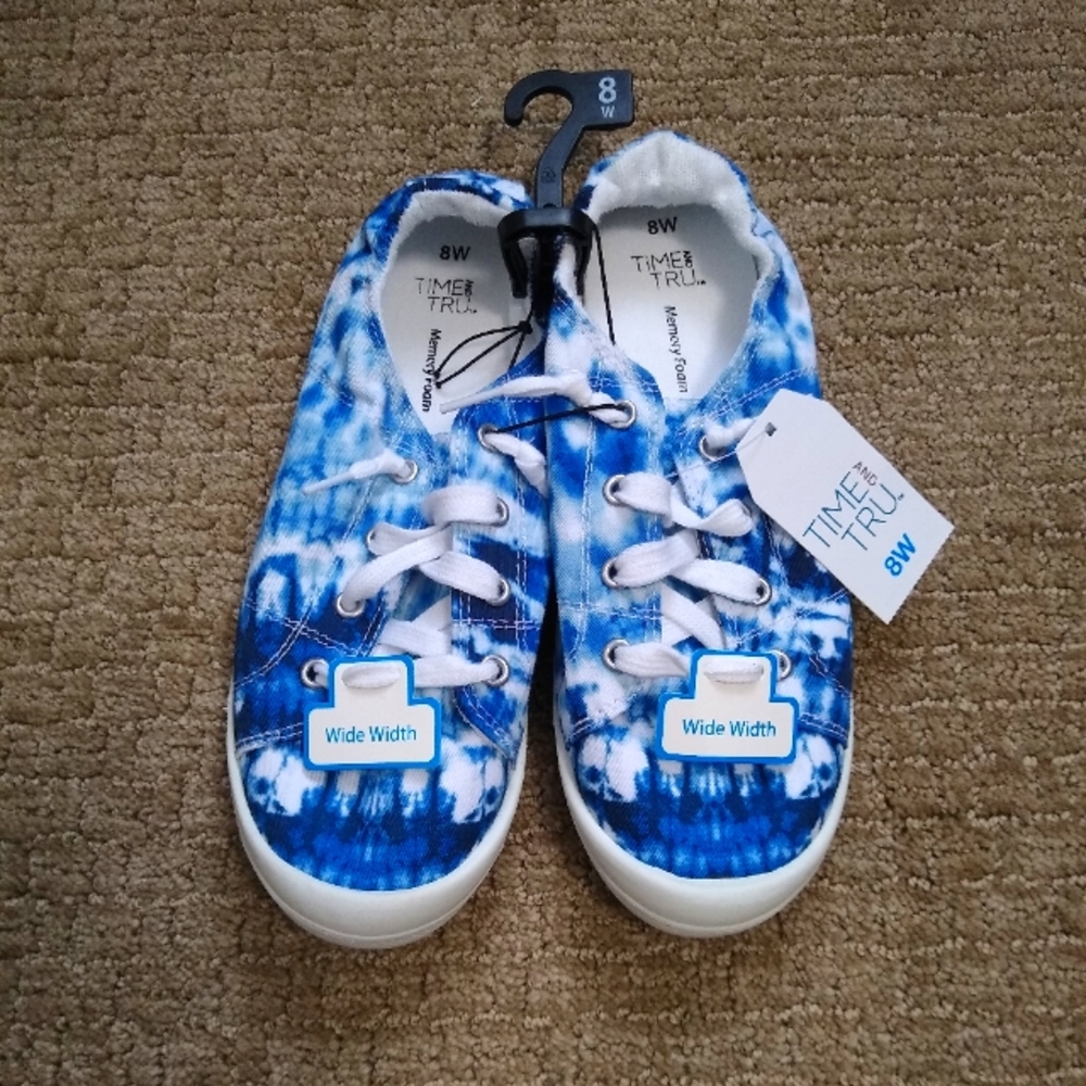 Time and Tru Women's Scrunch Back Sneakers Memory Foam Blue Tie-dye Slip On 8